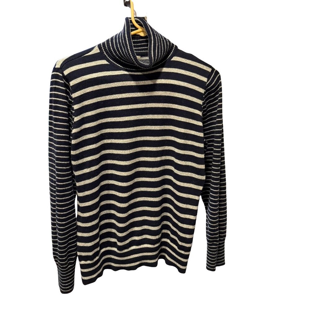 LLBean M, Blue and Gray Striped Cowl Neck Sweater